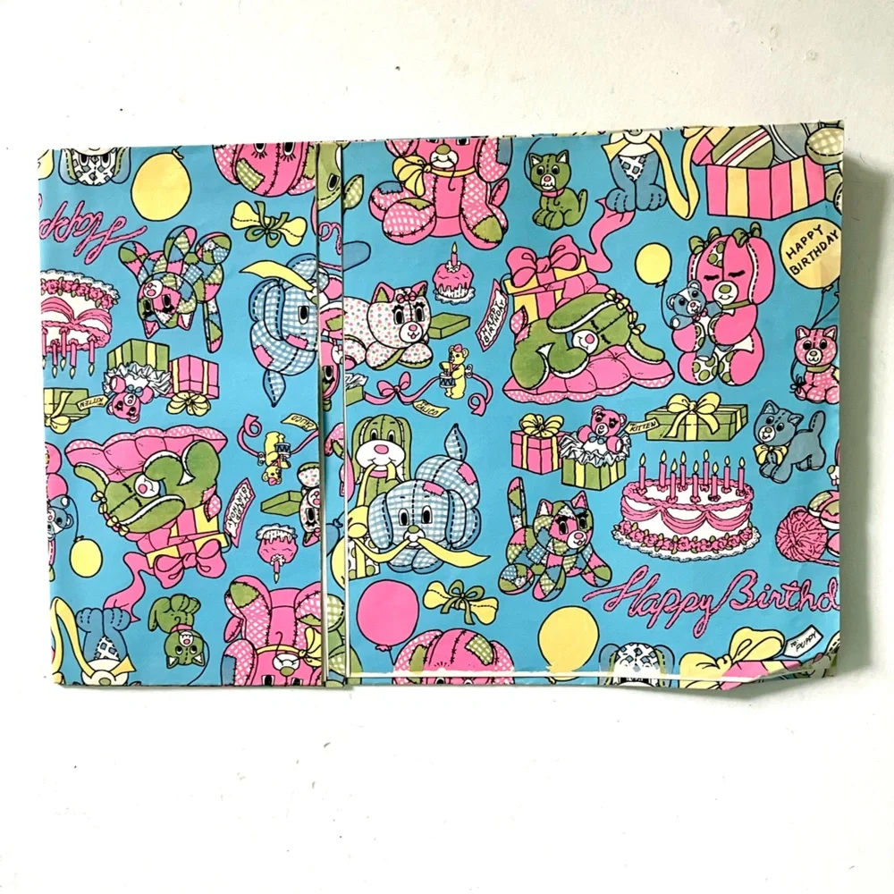 Vintage 60’s cute animals Happy Birthday wrapping paper sheets & napkins set